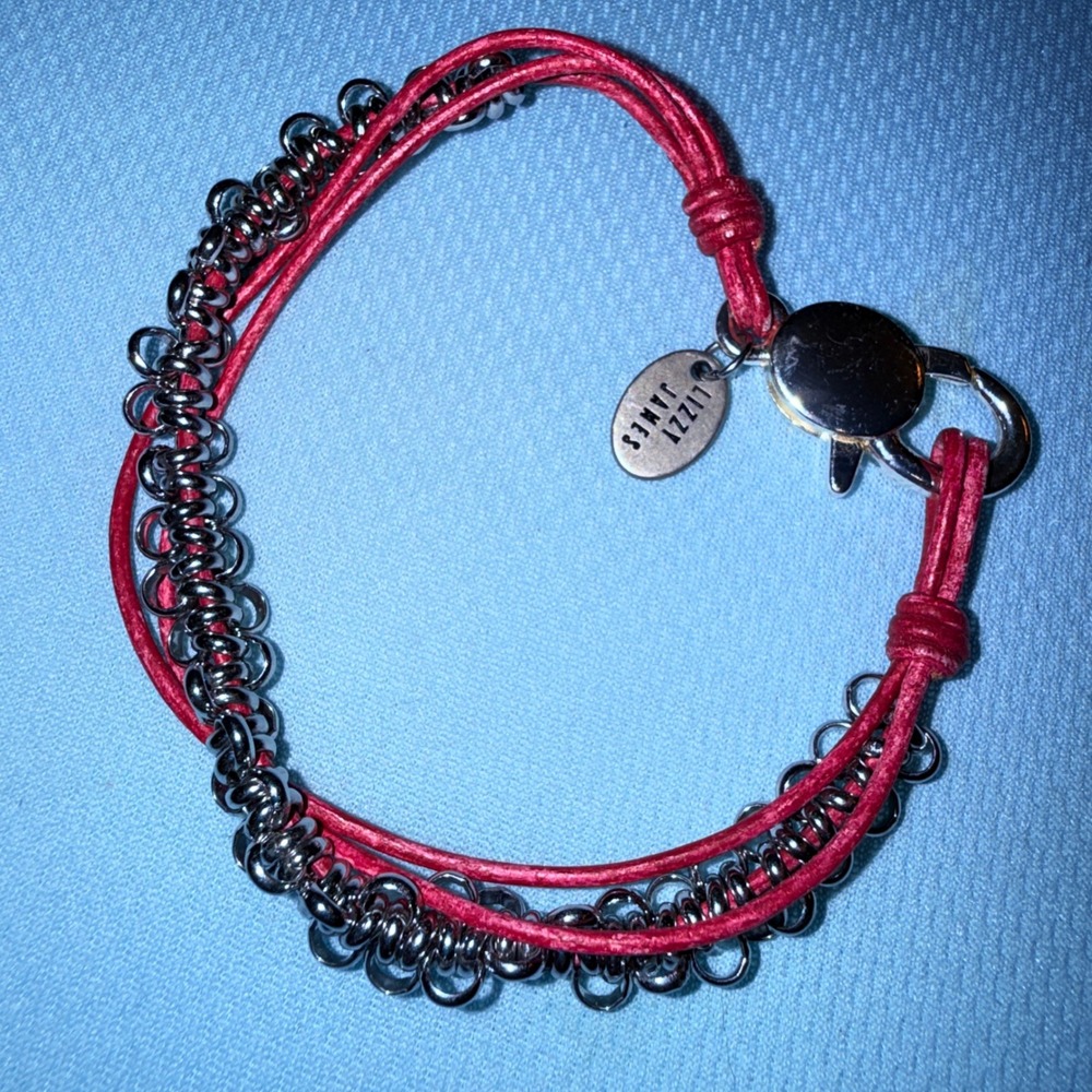 Lizzy James Wrap Bracelet Excellent Red Leather Silver Ring Multi-Strand